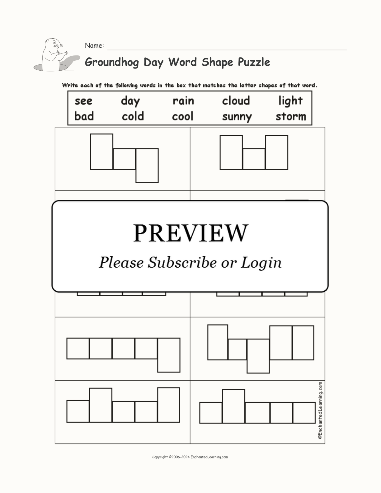 Groundhog Day Word Shape Puzzle interactive worksheet page 1