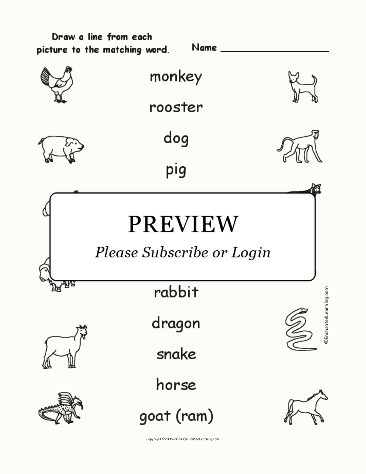 Chinese Zodiac - Match the Words to the Pictures interactive worksheet page 1