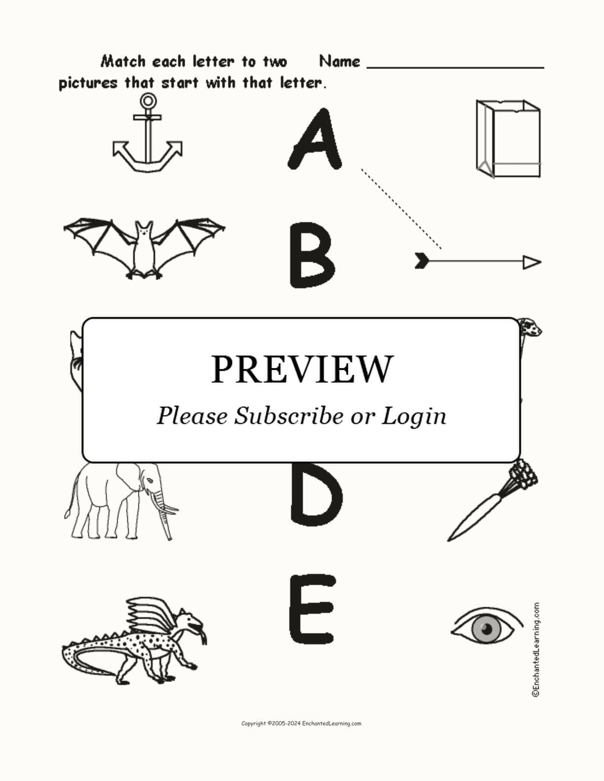 Match the Upper Case Letters A-E to the Pictures interactive worksheet page 1