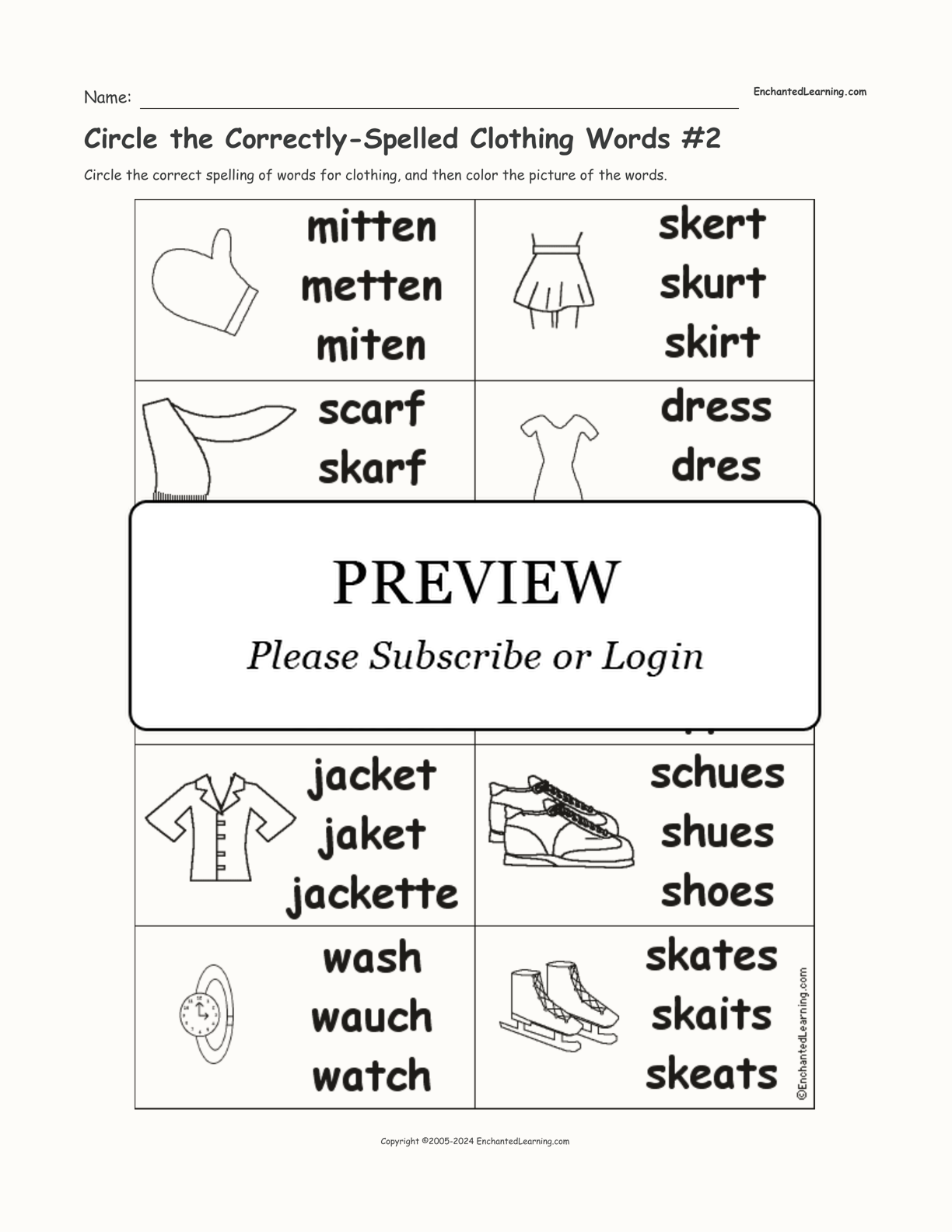 Circle the Correctly-Spelled Clothing Words #2 interactive worksheet page 1