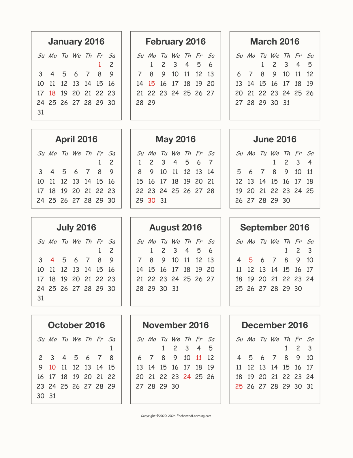 2016 Calendar interactive printout page 1