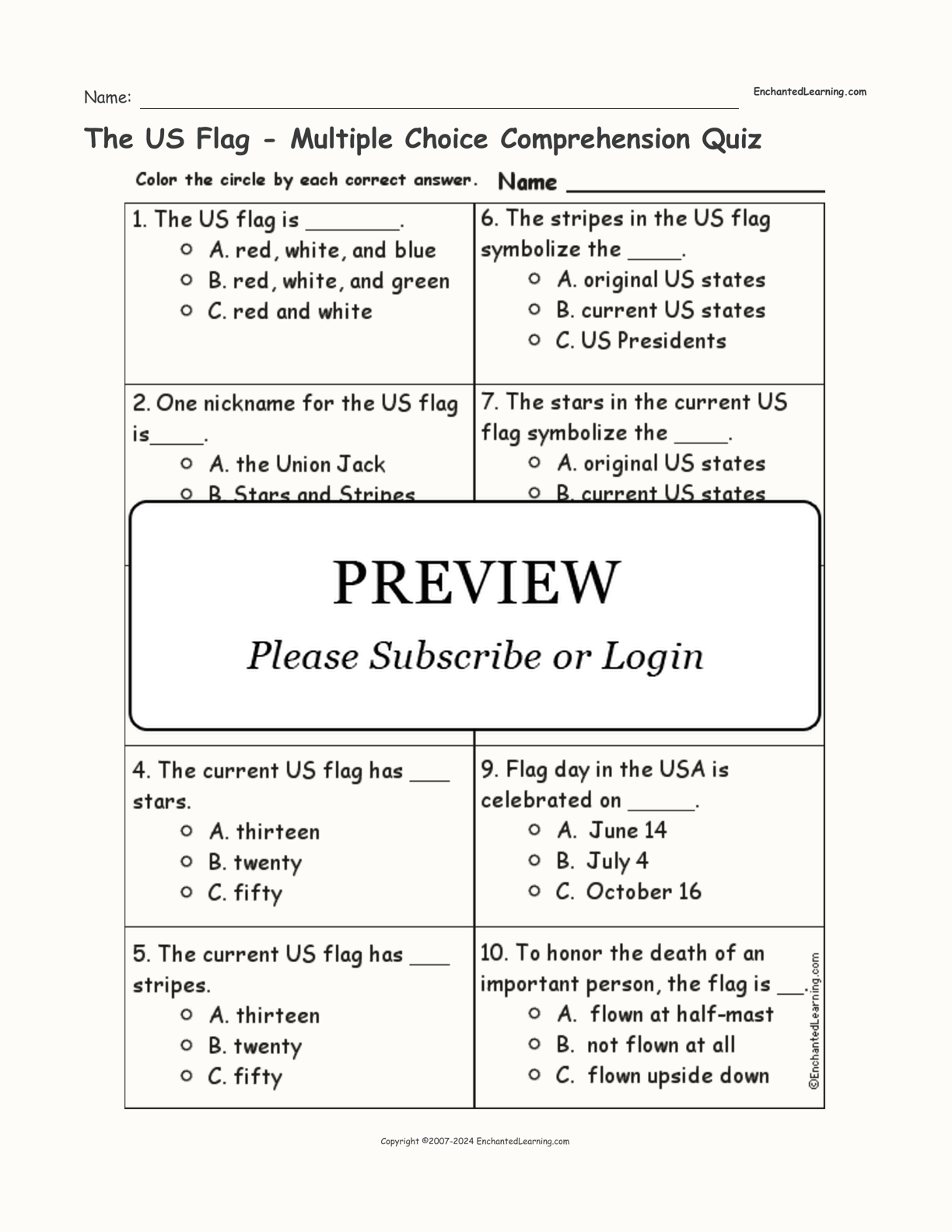 The US Flag - Multiple Choice Comprehension Quiz interactive worksheet page 1