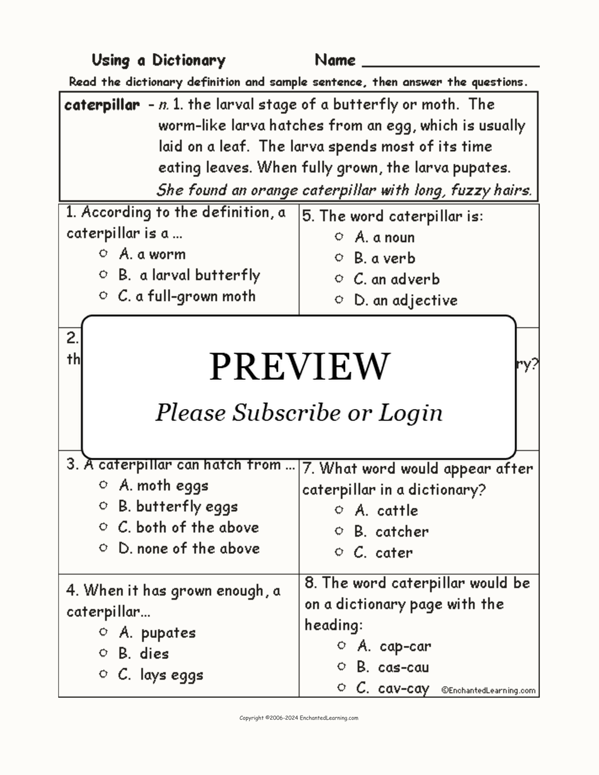 Caterpillar Definition Quiz interactive worksheet page 1