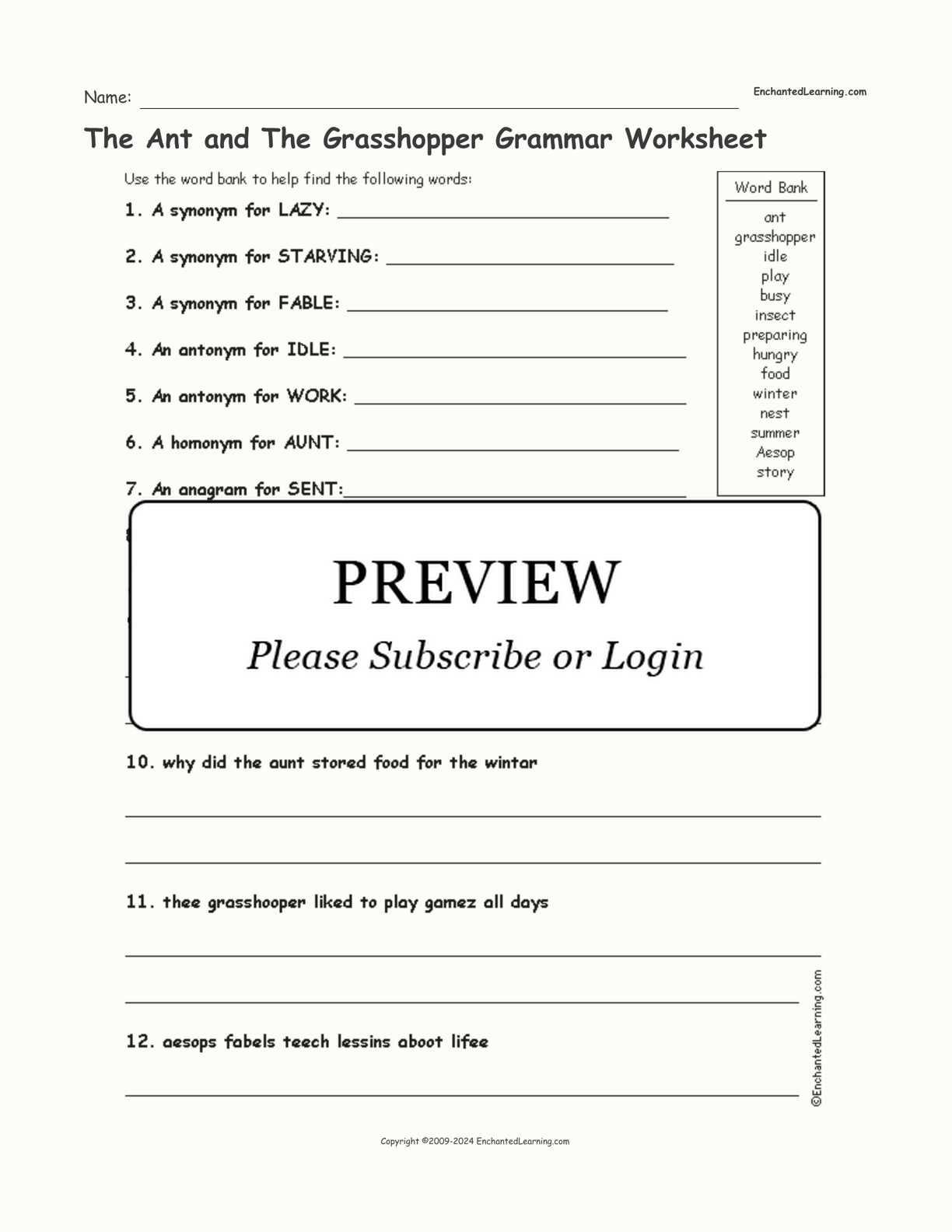 The Ant and The Grasshopper Grammar Worksheet interactive worksheet page 1