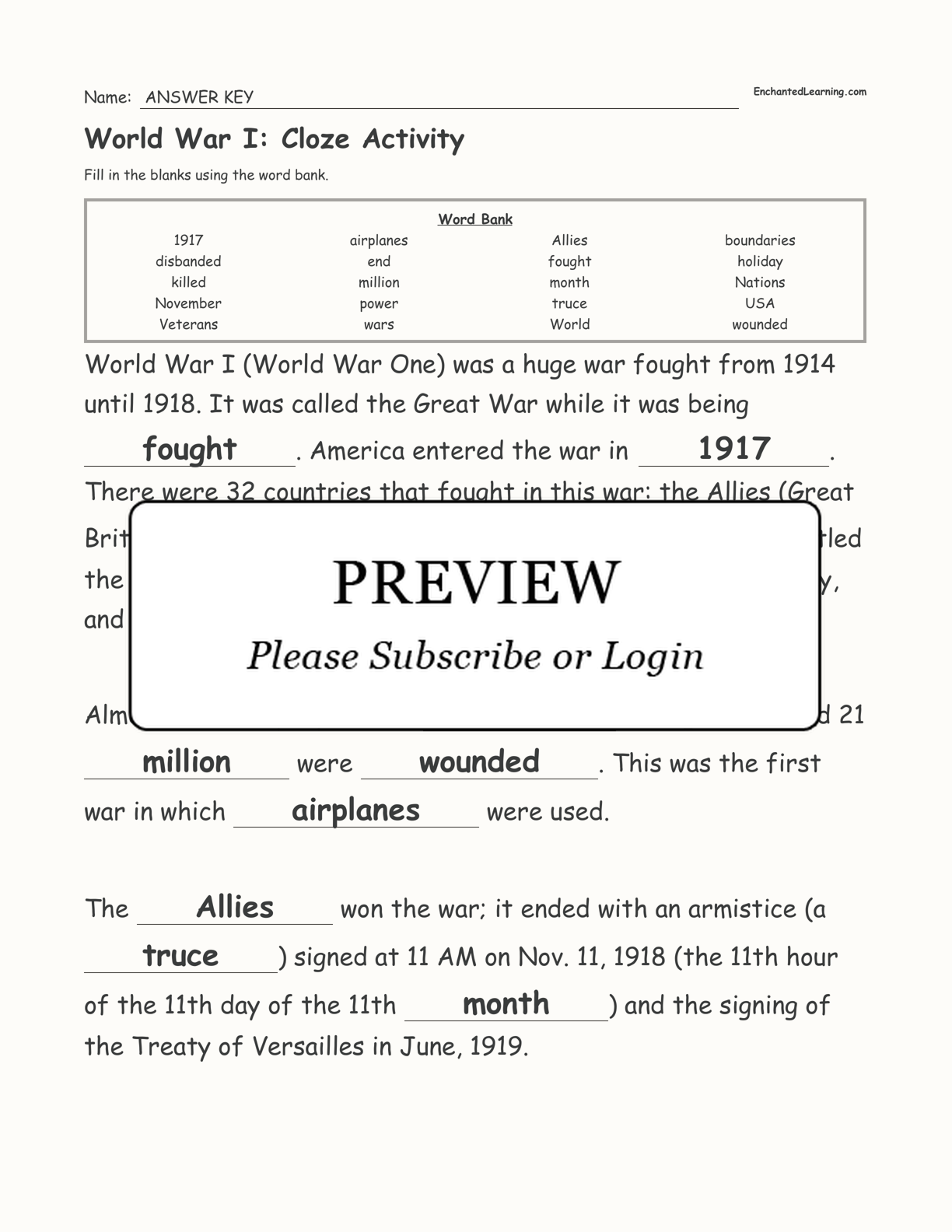 World War I: Cloze Activity interactive worksheet page 3