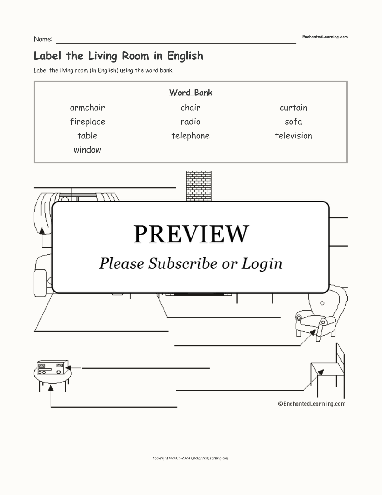 Label the Living Room in English interactive worksheet page 1