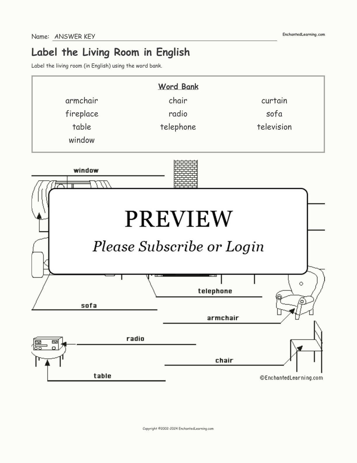 Label the Living Room in English interactive worksheet page 2