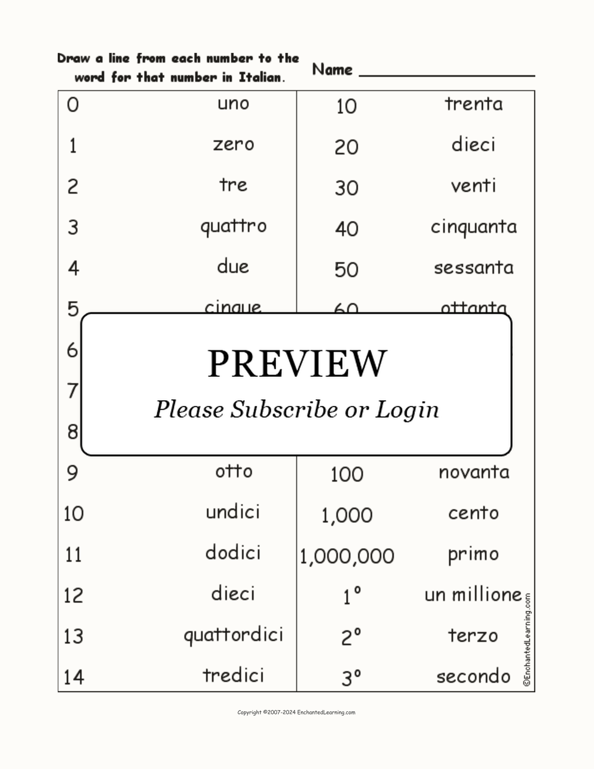 Match the Numbers to the Italian Words interactive worksheet page 1