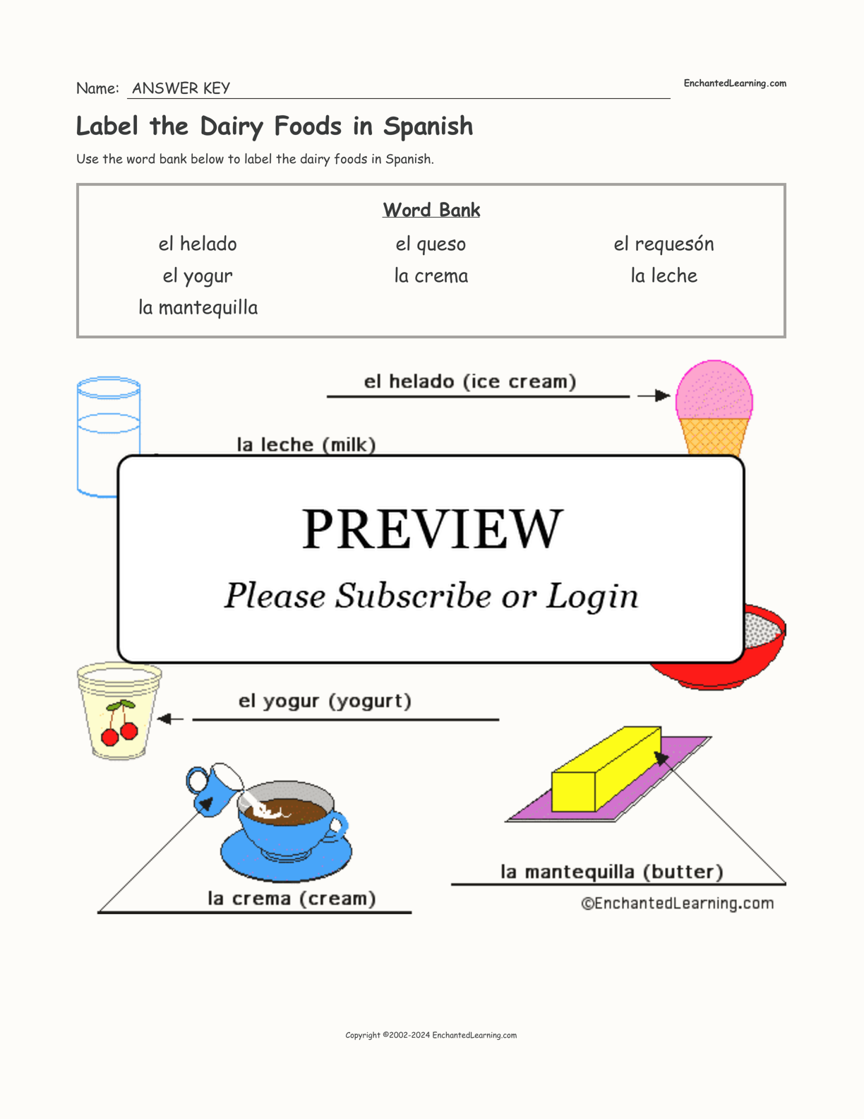 Label the Dairy Foods in Spanish interactive worksheet page 2