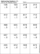 Subtraction Printout: 3 Digits - 1 Digit worksheet thumbnail
