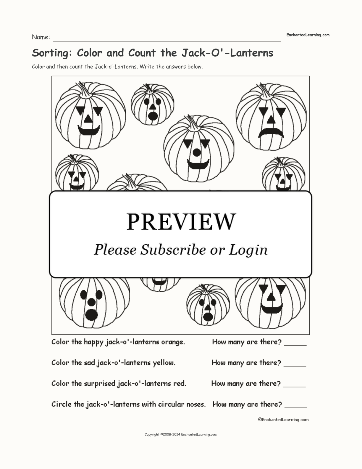 Sorting: Color and Count the Jack-O'-Lanterns interactive worksheet page 1