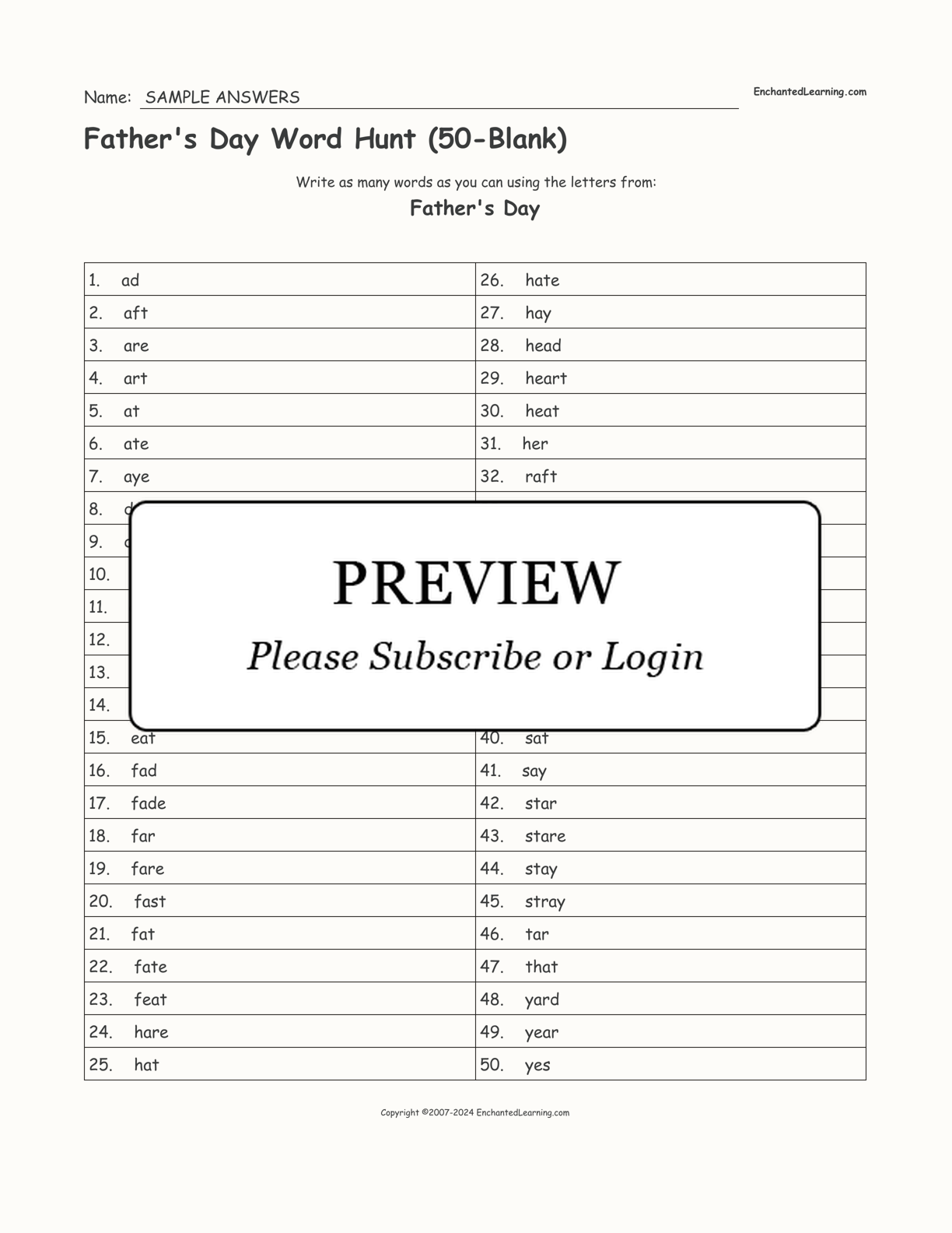 Father's Day Word Hunt (50-Blank) interactive worksheet page 2