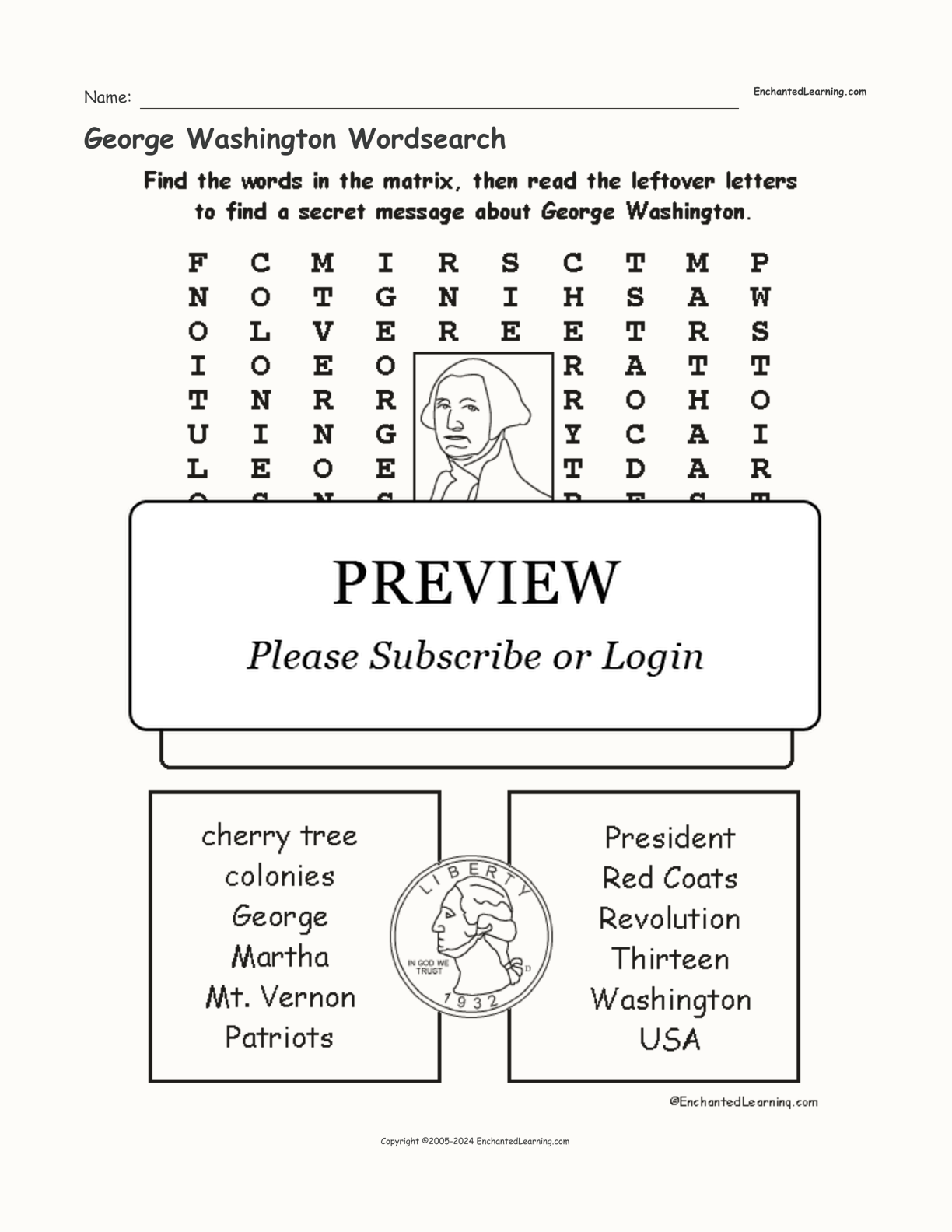 George Washington Wordsearch interactive worksheet page 1